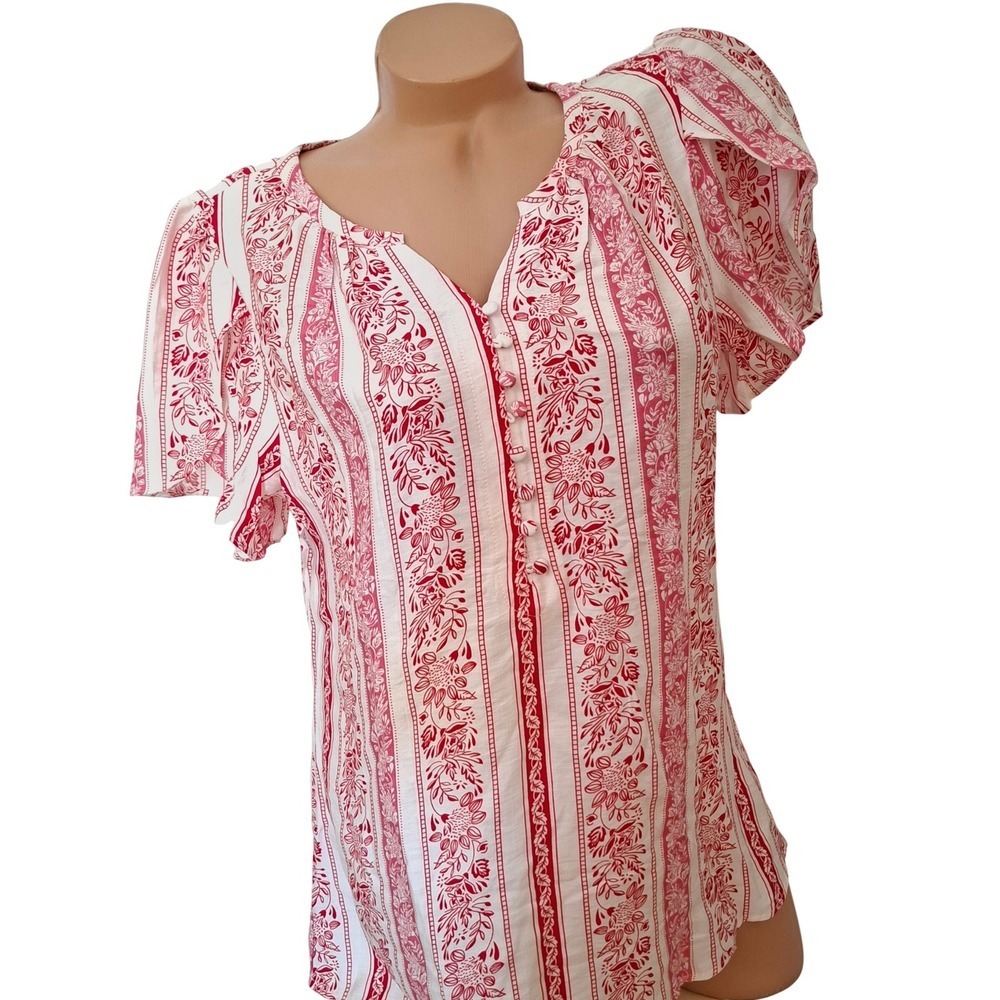 Timeson Floral Striped Blouse Women Medium Red White New Flutter Sleeve Top NWT